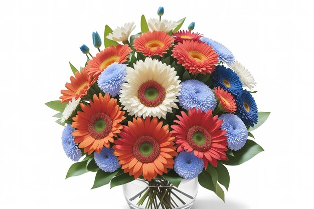 Een boeket van oranje en blauwe bloemen met een roze hart.