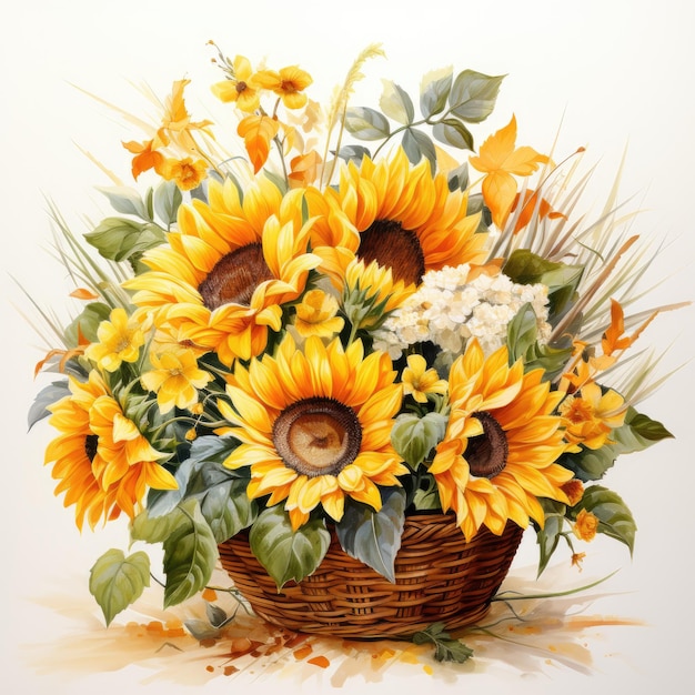 Foto een boeket van prachtige gele zonnebloemen in een rieten mand. aquarel generatieve ai