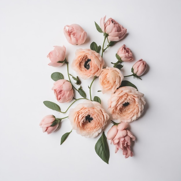 Een boeket van roze bloemen op een witte achtergrond