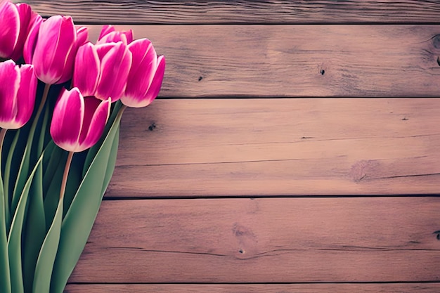 Een boeket van roze tulpen op een houten achtergrond