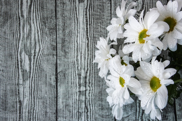 Een boeket van witte chrysanten in water daalt dicht omhoog op een houten achtergrond