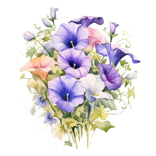 Een boeket viooltjes met groene bladeren en blauwe en roze bloemen.