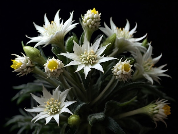 Een boeket witte bloeiende edelweiss bloemen met een geïsoleerde zwarte achtergrond