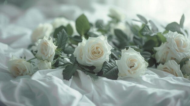Een boeket witte rozen in een bed.