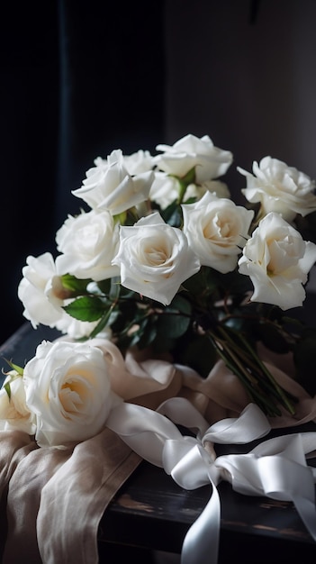 Een boeket witte rozen staat op een tafel.