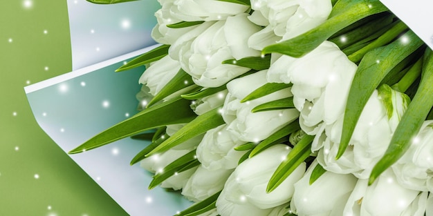 Een boeket witte tulpen op een pastelgroene achtergrond Bloeiende bloemen feestelijk concept