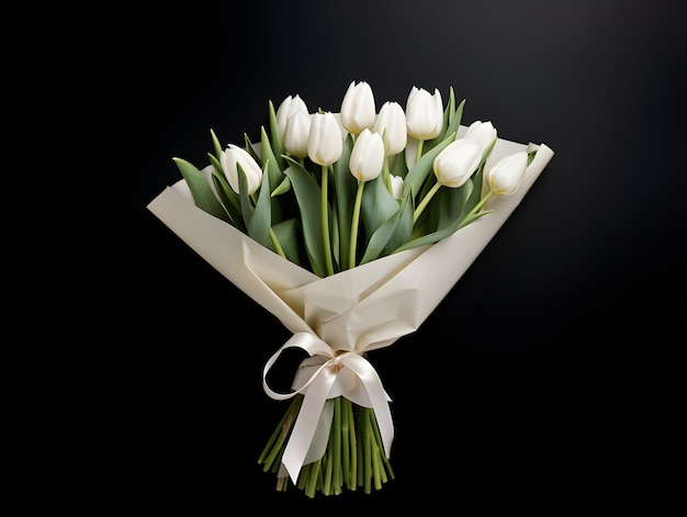 Een boeket witte tulpenbloemen gewikkeld op een zwarte achtergrond