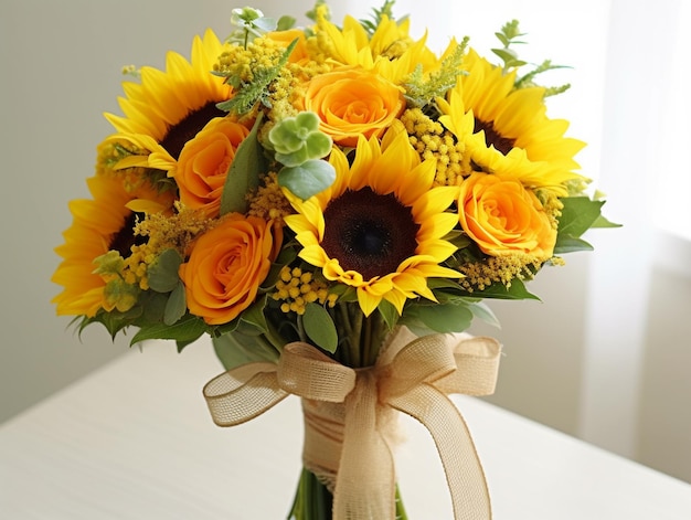 Een boeket zonnebloemen en zonnebloemen liggen op een tafel.