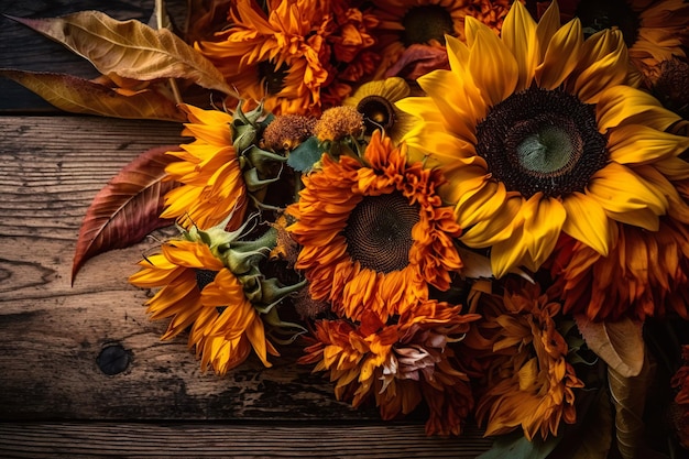 Een boeket zonnebloemen op een houten tafel