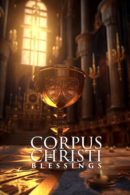 Foto een boekomslag voor corpus christi met een gouden beker in het midden.