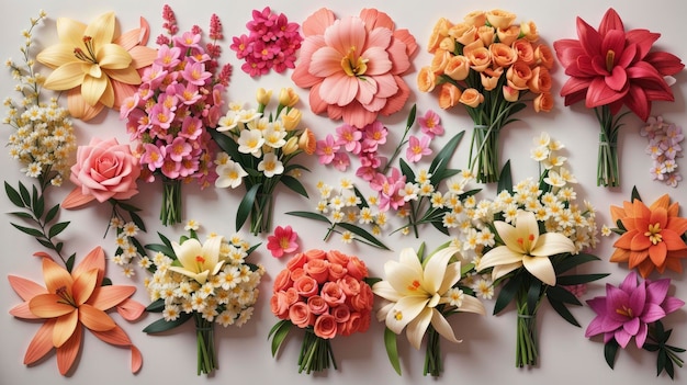 een boel bloemen in een rij op een tafel met een witte achtergrond