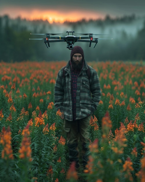 Foto een boer die drones gebruikt om de achtergrond van plagen te monitoren