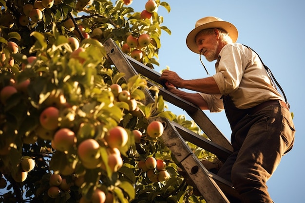 Een boer die een ladder gebruikt om appels op de top van een boom te bereiken