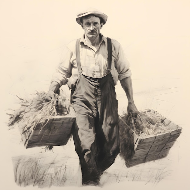 Een boer die een mand met vers geoogste gewassen draagt