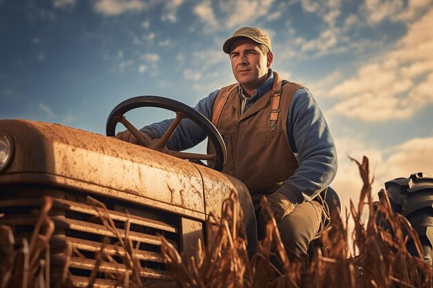 Een boer die een tractor in een veld rijdt als onderdeel van pre-seeding klusjes in het vroege voorjaarsseizoen van agrarische arbeid tractor ploegen veld op een zonnige dag