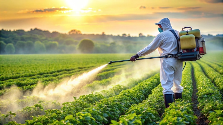 Foto een boer die gewassen bespuit met een sprayer op de achtergrond