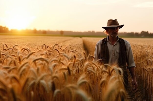 een boer die in een tarweveld staat bij zonsondergang landbouw