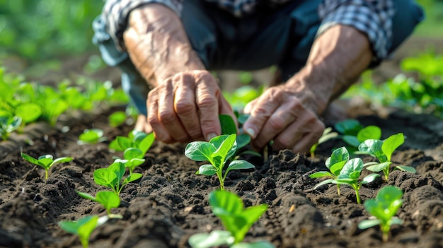 Een boer die jonge zaailingen in nette rijen plant