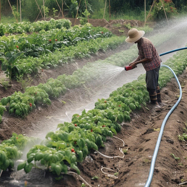 Een boer geeft planten water met een slang die besproeid wordt met water.