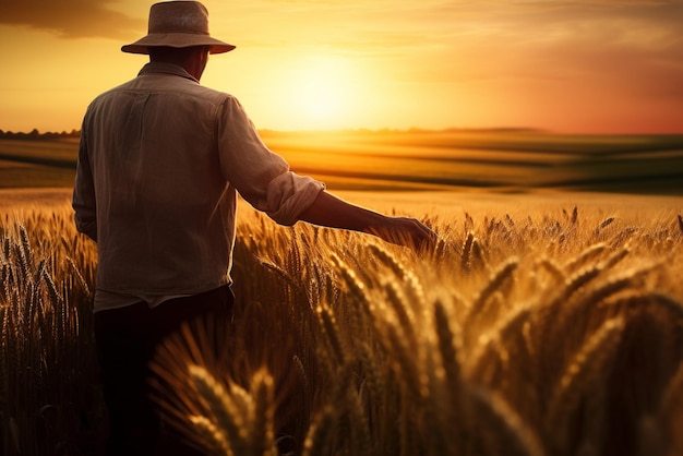 een boer in tarweveld bij zonsondergang generatieve AI