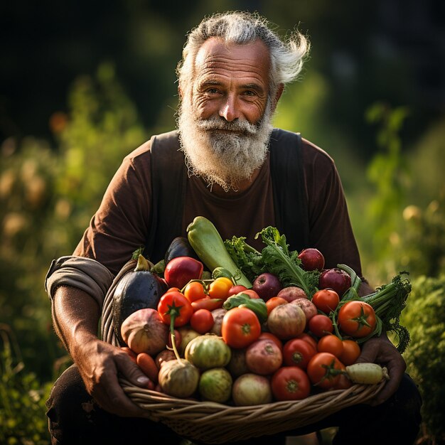 Eén boer met een vers biologisch vegtabole