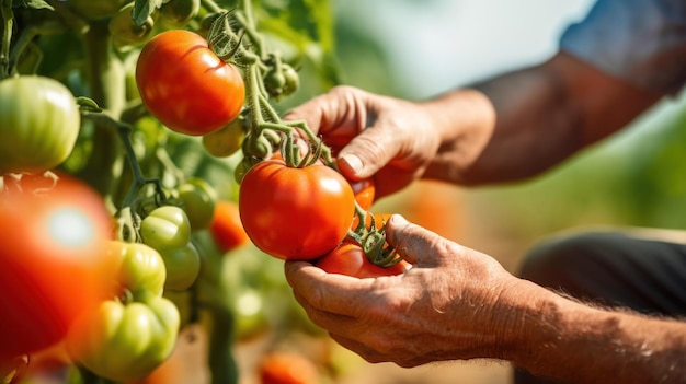Een boer onderzoekt met de handen van de grond zorgvuldig de tomaten op de wijnstok om ervoor te zorgen dat ze klaar zijn voor de oogst