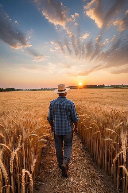 Een boer staat bij zonsondergang in een tarweveld