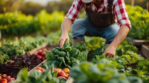 Een boer toont met trots de overvloedige oogst van verse biologische groenten ter bevordering van duurzame landbouw en een toewijding aan een gezond leven