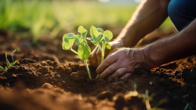 Een boer trekt met zijn handen het onkruid uit de grond om ervoor te zorgen dat de omliggende gewassen gedijen