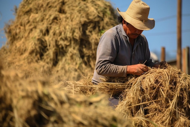 een boer werkt aan een baal hooi.