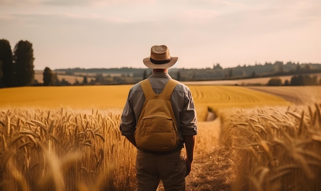 Een boer wordt van achteren gezien met gouden tarwevelden op de achtergrond Generatieve AI