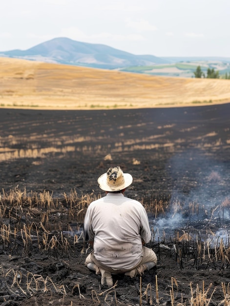 Een boer zit met zijn gezicht weg te staren over een verbrand veld de nasleep van een verwoestende brand het contrast tussen de verbrandde aarde en verre groene heuvels vertelt een verhaal van verlies en hoop