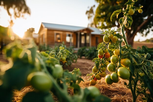 Foto een boerderij met een rij tomatenplanten in de tuin