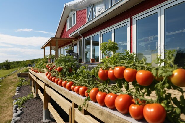 Foto een boerderij met een rij tomatenplanten in de tuin