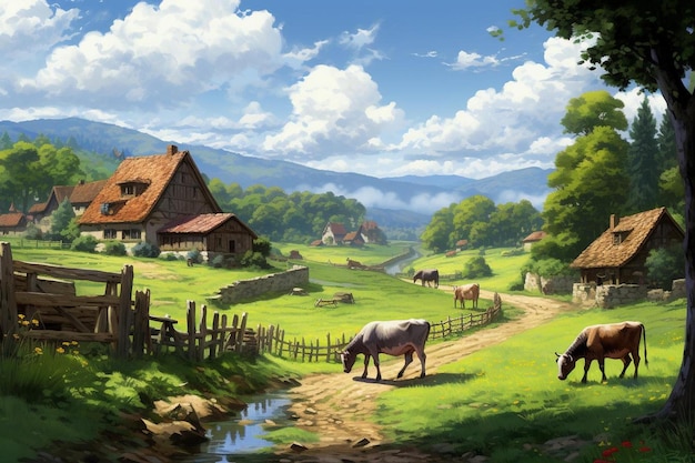 Een boerderij met paarden en een huis op de achtergrond.