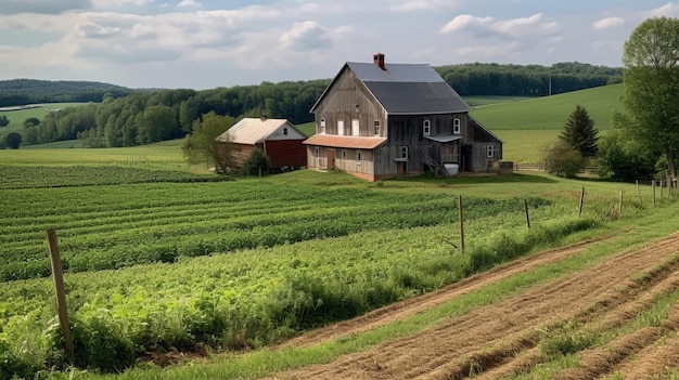 Een boerderij op het platteland met een huis op de achtergrond