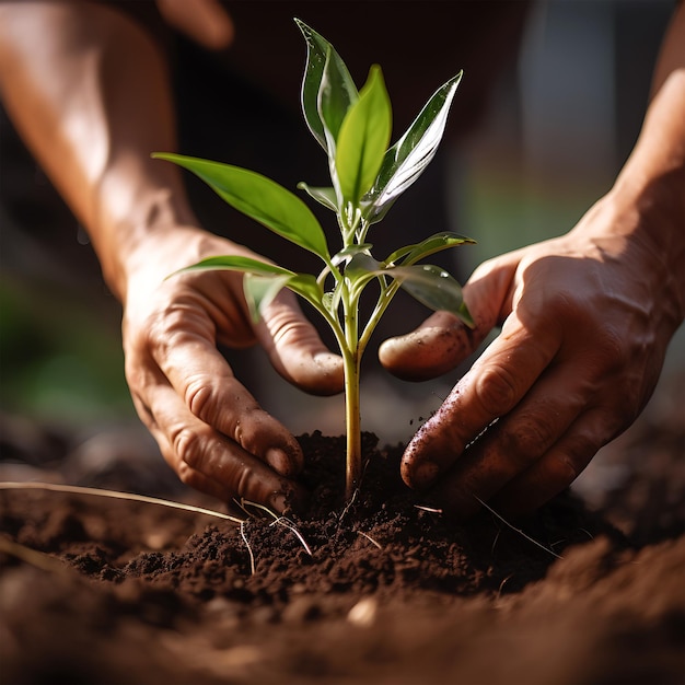 Een boerderijpersoonboom plant nieuw leven in een kas met haar hand