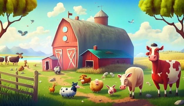 Een boerderijscène met een schuur en koeien op de grond.
