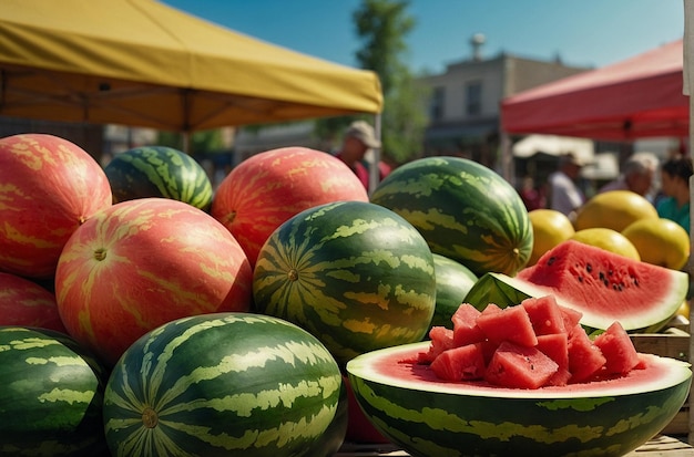 Een boerenmarkt met een watermelon-thema met verse