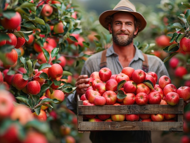 Een boerhouder houdt een kist met appels in het midden van een boomgaard vol appels