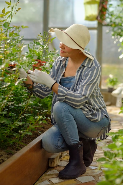 Een boerin verzorgt rozen in de tuin