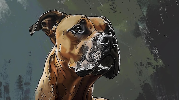 Een bokserhond kijkt omhoog met een serieuze uitdrukking op zijn gezicht de hond heeft een bruine vacht met een witte vlek op zijn borst