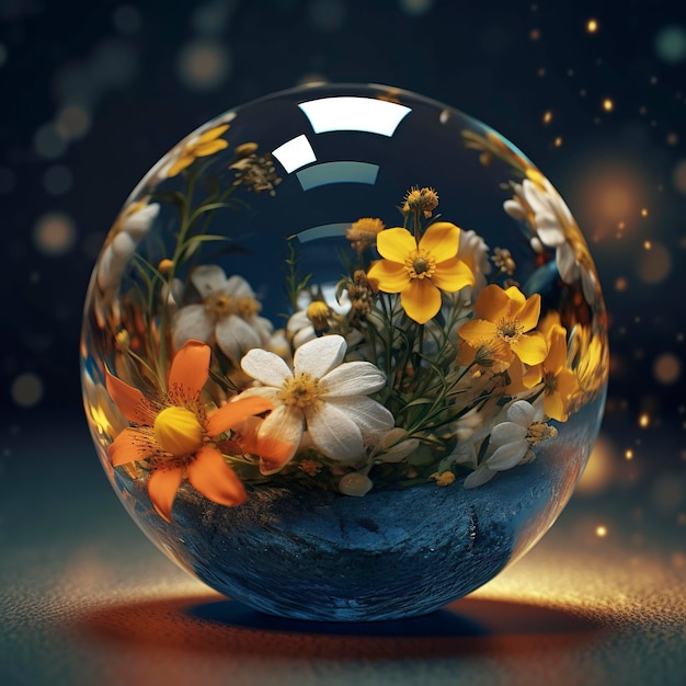 Een bol bloemen zit in een glazen bol.