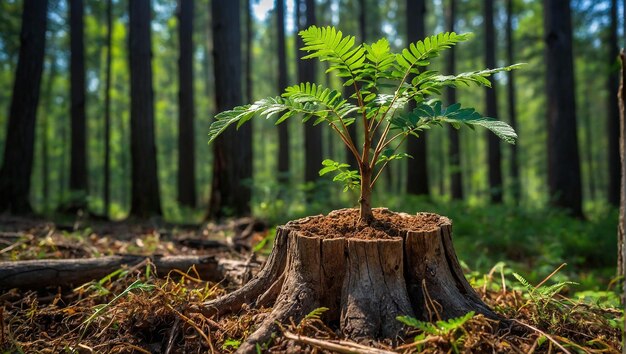 Een bol met groene bladeren die eruit groeien zit in het vuil.