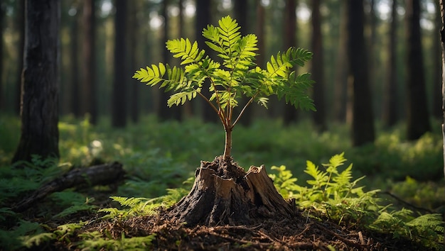 Een bol met groene bladeren die eruit groeien zit in het vuil.