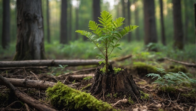 Een bol met groene bladeren die eruit groeien zit in het vuil.