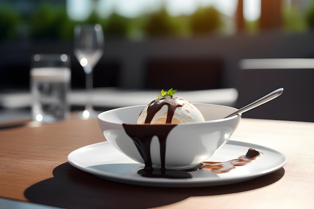 Een bolletje romig ijs met chocoladesiroop in een bord op de tafel van een zomercafé Generative AI