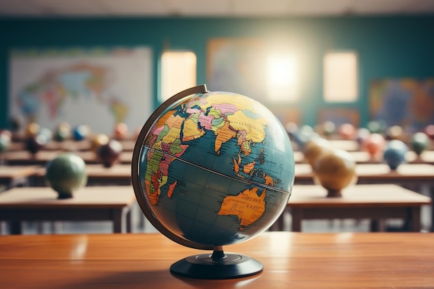 Een bolmodel van de aarde met een achtergrond in een klaslokaal Generatieve Ai