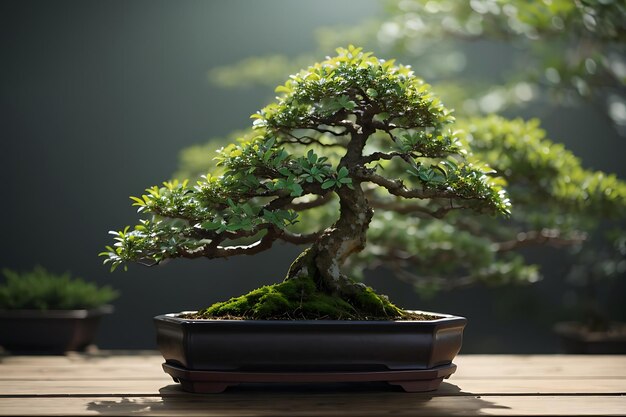 Een bonsai-boom in een pot naast een kleine potplant