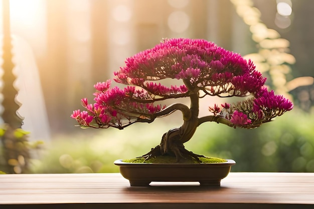 Een bonsai met roze bloemen in een pot.